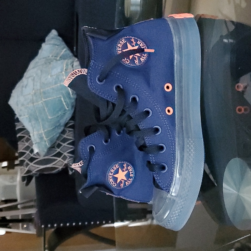 Converse CTAS blue and neon orange high top shoes